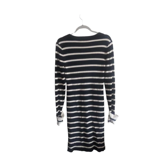 THEORY Black & White Striped Crewneck Sheath Knit Dress. - Picture 2 of 5